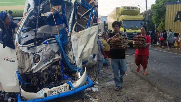 WARGA JARAH TELUR: (kiri) Kondisi mobil pikap pengangkut telur yang hancur saat terlibat kecelakaan di Kecamatan Torgamba, Labusel, Minggu (2/3/2025). Warga berebut memunguti telur yang tercecer di jalan setelah kecelakaan mobil pick-up beredar viral di media sosial