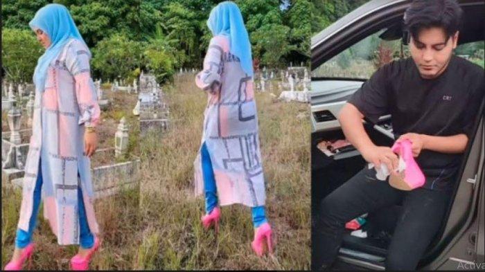 Sosok istri pengusaha pakai hels tinggi berkunjung ke makam.