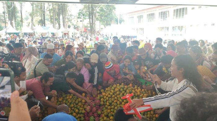 Warga berebut buah-buahan yang disiapkan secara gratis di Festival Bunga dan Buah Karo, di Taman Mejuah-Juah, Berastagi, Jumat (5/7/2024).