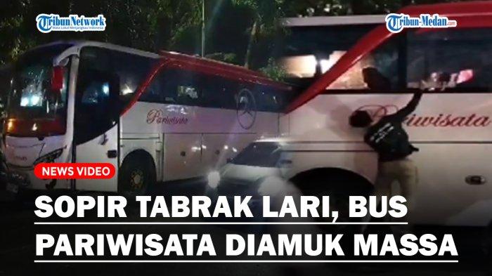 Warga hancurkan bus pariwisata usai sopir yang dikemudikan oleh Cristoffer Siallagan melintas di Jalan Denai, Kota Medan, tabrak lari.