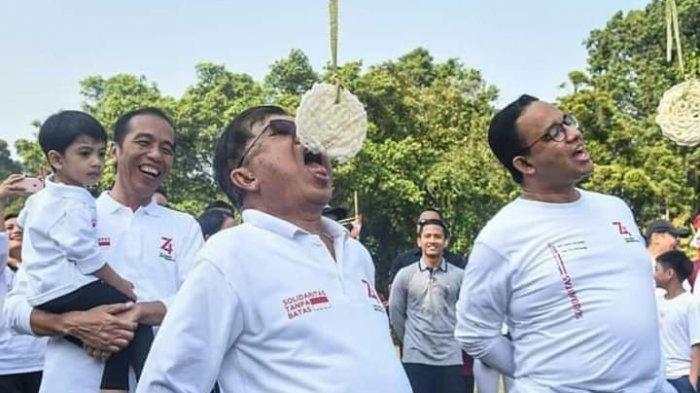 Wapres JK dan Gubernur DKI Anies Baswedan ikit lpmba makan kerupuk di Istana Bogor.