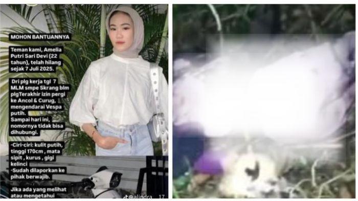 KASUS PEMBUNUHAN - Kolase foto Amelia Putri, seorang wanita yang dibunuh, jasadnya ditemukan membusuk dengan tangan diborgol. Motif pembunuhan Amelia Putri berawal dari status WA, Rabu (23/7/2025).
