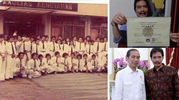 KOLASE FOTO: Andi Pramaria berfoto dengan Joko Widodo di Bandara Internasuonal Lombok, saat Jokowi menjadi Presiden RI. (kanan). Andi Pramaria, mantan Kadis Kehutanan Provinsi NTB, memunjukkan ijazah miliknya. Andi mengatakan sebagai rekan satu angkatan, satu fakultas dan wisuda bersama dengan Jokowi. (kanan). Foto dokumen penerimaan mahasiswa baru di UGM tahun 1980, yang merupakan dokumen di grup whatsapp angkatan Andi Pramaria, kawan satu angkatan Jokowi. (kiri) (dok. Andi Pramaria/ KOMPAS.com/FITRI RACHMAWATI)