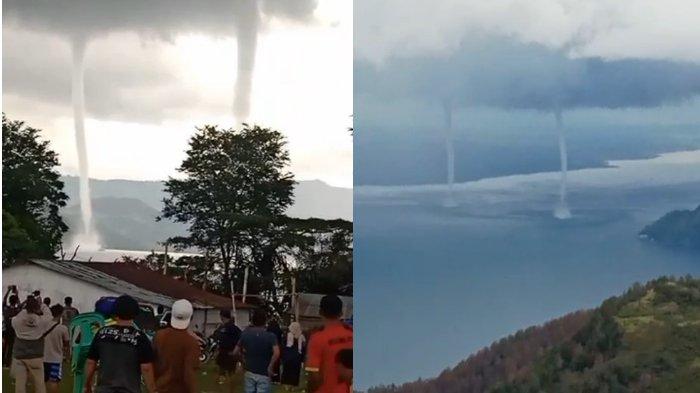 Fenomena langka angin tornado kembar raksasa berputar di tengah Danau Toba, Minggu (13/8/2023) sore.