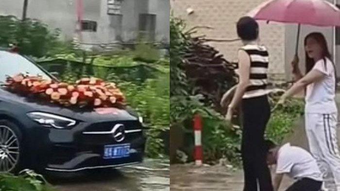 Video yang menunjukkan bocah laki-laki berusia 9 tahun berlutut di depan mobil pernikahan ayah kandungnya viral di media sosial.