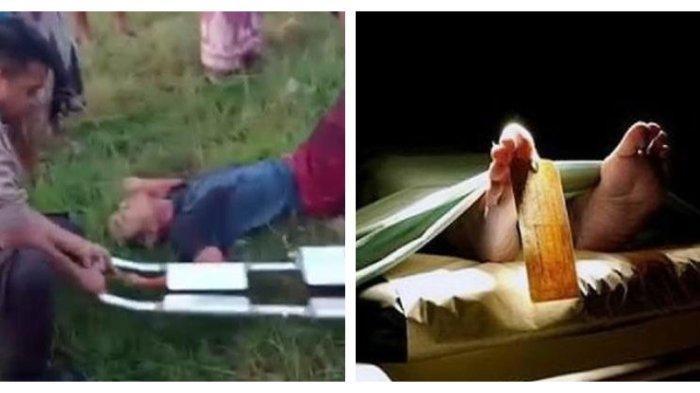 Polisi disaksikan warga saat mengevakuasi korban pembacokan di Dusun Tarogan, Desa Jelgung, Kabupaten Sampang, Madura, Minggu (14/4/2024) sore dan ilustrasi mayat. Lagi kasus carok di Madura. Kini korbannya bernama Imam Arifin (26) yang terkapar di rerumputan kawasan Sampang. Begini nasibnya.