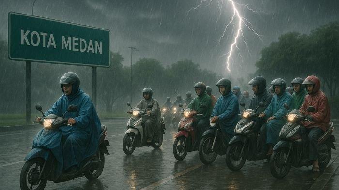 CUACA BURUK- Ilustrasi cuaca buruk di Kota Medan yang disertai dengan sambaran kilatan petir saat hujan lebat. Ilustrasi ini dibuat menggunakan aplikasi kecerdasan buatan atau AI, Senin (7/7/2025).