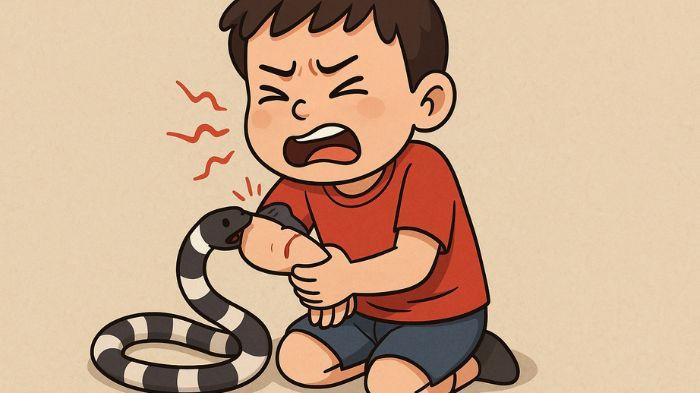DIGIGIT ULAR- Ilustrasi seorang bocah laki-laki digigit ular weling. Ilustrasi ini dibuat menggunakan aplikasi kecerdasan buatan atau AI, Senin (21/7/2025).
