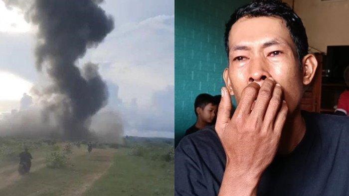CERITA KORBAN SELAMAT- (kiri) tangkap layar video sekelompok orang mengendarai motor, ngebut ke titik lokasi ledakan Cibalong di Kabupaten Garut, pada Senin (12/5/2025).(Kanan) Ilmansyah(26), warga sipil yang selamat dari insiden ledakan pemusnahan amunisi kedaluwarsa di Desa Sagara, Kecamatan Cibalong, Kabupaten Garut, Jabar.