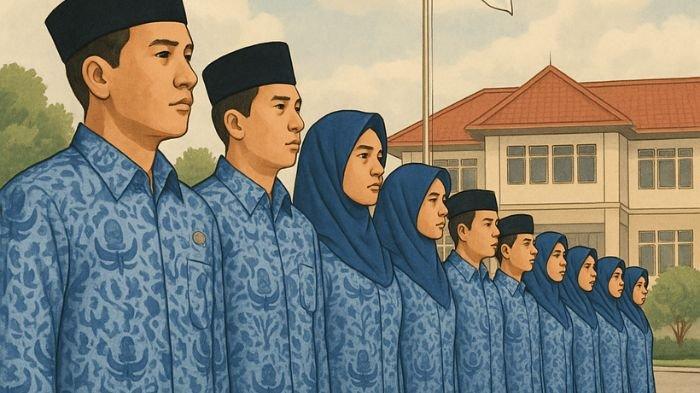 ILUSTRASI ASN- Ilustrasi ini dibuat menggunakan aplikasi kecerdasan buatan atau AI. Ilustrasi ini menunjukkan sejumlah ASN saat mengikuti upacara.