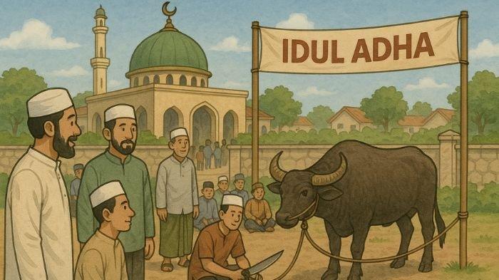 KURBAN- Ilustrasi ini dibuat menggunakan aplikasi kecerdasan buatan atau AI. Ilustrasi ini menunjukkan pelaksanaan kurban saat Idul Adha.