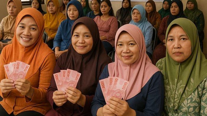 PENERIMA BANSOS- Ilustrasi sejumlah ibu-ibu saat menerima bantuan sosial (bansos) dari pemerintah. Ilustrasi ini dibuat menggunakan aplikasi kecerdasan buatan atau AI, Rabu (18/6/2025).