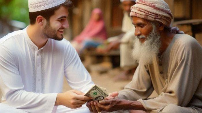 BAYAR ZAKAT- Ilustrasi seorang pria saat membayar zakat hartanya kepada orang yang tidak mampu.