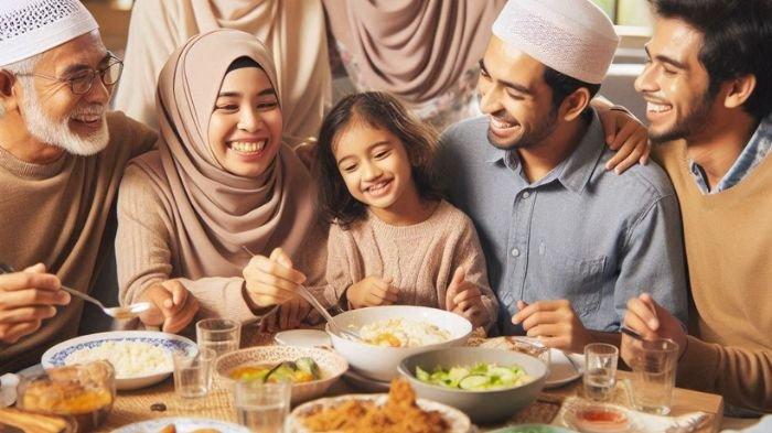 BUKA PUASA- Ilustrasi ini dibuat menggunakan aplikasi kecerdasan buatan atau AI, Senin (3/3/2025). Satu keluarga tengah berbuka puasa bersama dalam suasana yang begitu hangat.