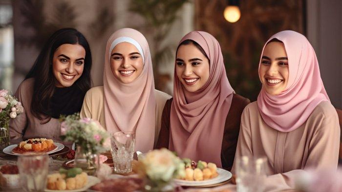 HALAL BIHALAL- Ilustrasi sejumlah wanita muslim saat melakukan halal bihalal di momen Idul Fitri.