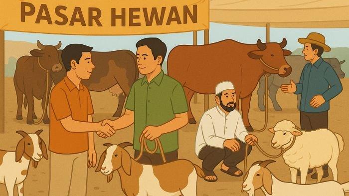 PASAR HEWAN- Ilustrasi ini dibuat menggunakan aplikasi kecerdasan buatan atau AI, Rabu (4/6/2025). Ilustrasi ini menunjukkan gambar pasar hewan tempat penjualan kambing ataupun sapi kurban.