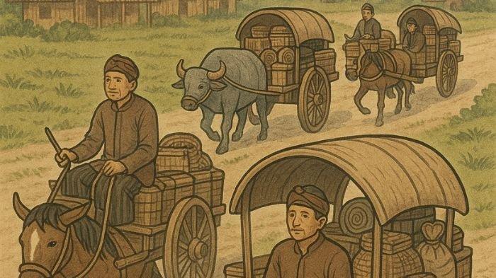 BERDAGANG- Ilustrasi sejumlah pedagang dari Jawa saat bergegas untuk berdagang ke arah barat. Ilustrasi ini dibuat menggunakan aplikasi kecerdasan buatan atau AI, Jumat (20/6/2025).