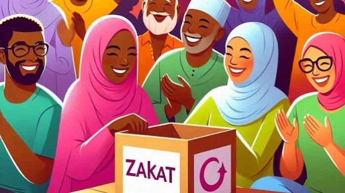 BAYAR ZAKAT- Ilustrasi ini dibuat menggunakan aplikasi kecerdasan buatan atau AI, Sabtu (8/3/2025). Tampak dalam gambar sejumlah orang tengah membayar zakat.
