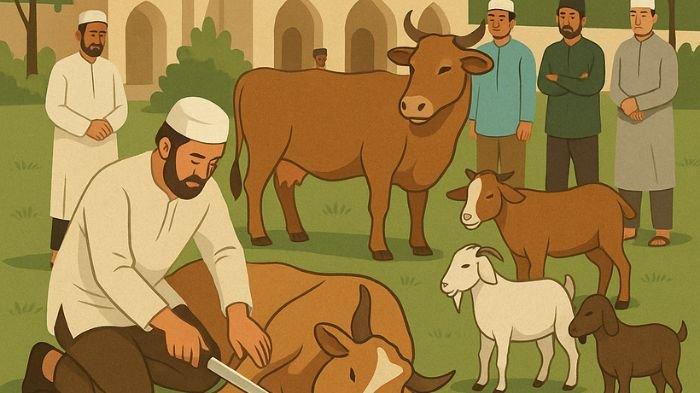 MENYEMBELIH HEWAN KURBAN- Ilustrasi umat muslim saat menyembelih hewan kurban. Ilustrasi ini dibuat menggunakan aplikasi kecerdasan buatan atau AI, Jumat (6/6/2025).