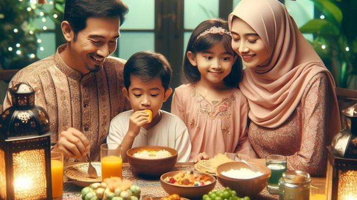 SAHUR- Ilustrasi satu keluarga kecil tengah melaksanakan saahur bersama di rumah.