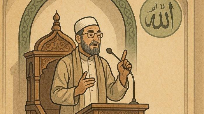 CERAMAH- Ilustrasi seorang ustaz saat menyampaikan ceramah dalam salat Jumat. Ilustrasi ini dibuat menggunakan aplikasi kecerdasan buatan atau AI, Jumat (20/6/2025).
