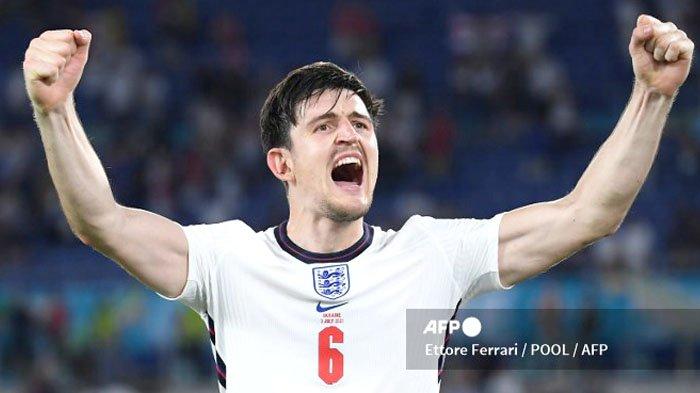 PEMAIN Inggris Harry Maguire berteriak sebagai reaksi kemenangan atas Ukraina di babak Perempat Final Euro 2020 yang digelar di Roma, Italia, 3 Juli 2021. Inggris akan berhadapan dengan Denmark di babak semi final.