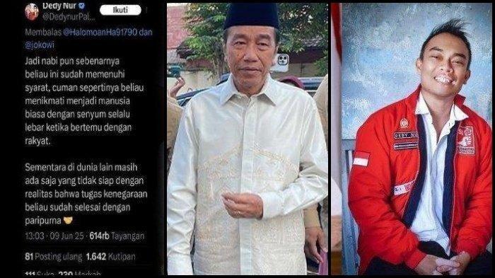JOKOWI DISAMAKAN NABI - Dari kiri ke kanan: Isi cuitan Dedy Nur Palakka yang ramai di medsos, Joko Widodo (Jokowi) dan sosok Dedy Nur Palakka, kader PSI yang kena tegur partainya. Klarifkasi Dedy Nur Palakka, nasib kader yang sebut Jokowi penuhi syarat sebagai Nabi. Teguran PSI hingga permintaan maaf Dedy Nur Palakka.