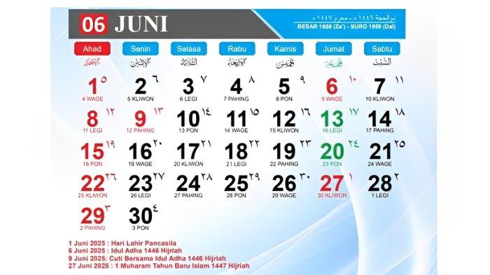 KALENDER- Ilustrasi kalender bulan Juni 2025 yang menunjukkan adanya tanggal merah dan libur nasional.