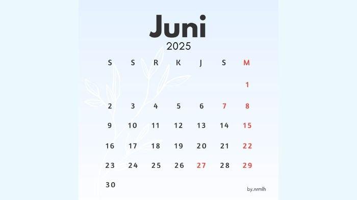 KALENDER JUNI- Ilustrasi kalender Juni 2025 yang menunjukkan adanya beberapa tanggal merah yang merupakan libur nasional dan cuti bersama.