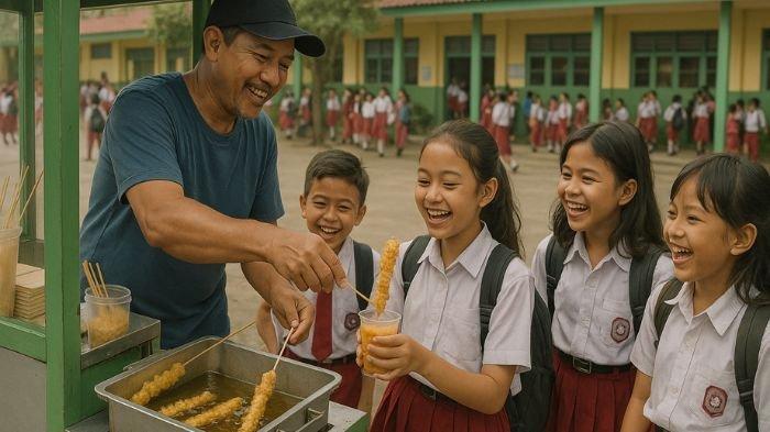PEDAGANG JAJANAN- Pedagang jajanan telur gulung saat melayani pembeli yang merupakan siswa Sekolah Dasar (SD). Ilustrasi ini dibuat menggunakan aplikasi kecerdasan buatan atau AI, Senin (7/7/2025).