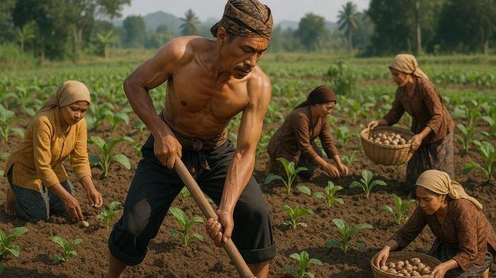 AKTIVITAS MENANAM- Ilustrasi sejumlah petani saat melakukan aktivitas menanam dan memanen umbi-umbian. Ilustrasi ini dibuat menggunakan aplikasi kecerdasan buatan atau AI, Selasa (8/7/2025).