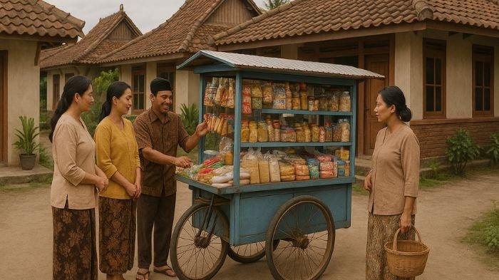 BERDAGANG- Ilustrasi seorang pedagang yang tengah menjajakan dagangannya di permukiman masyarakat Jawa. Ilustrasi ini dibuat menggunakan aplikasi kecerdasan buatan atau AI, Rabu (9/7/2025).