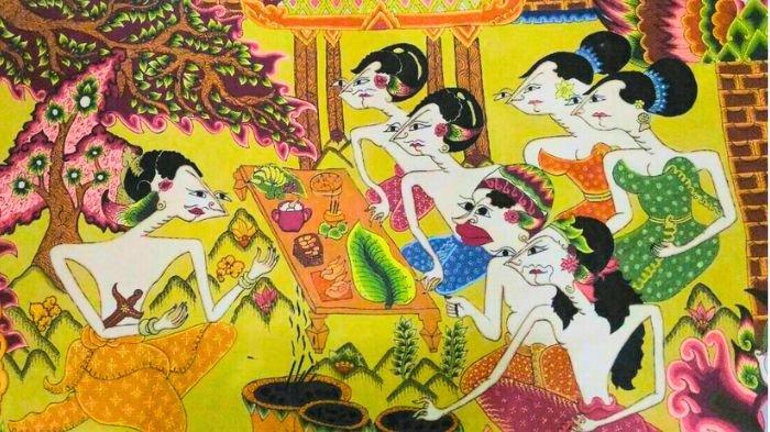PERDAGANGAN- Ilustrasi lukisan perdagangan dengan gaya khas pewayangan Jawa.