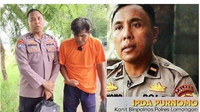POLISI BAIK -- (kiri) Ipda Purnomo polisi yang bertemu dengan pria paruh baya kondisi stroke jalan kaki di lintas Lamongan Surabaya ke Palembang karena diusir istri. Kini bantu pulangkan ke Palembang // (kanan) Potret Ipda Purnomo