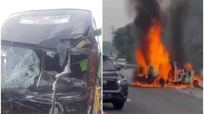 Kondisi bus Primajasa yang terlibat kecelakaan maut di KM 58 Tol Jakarta-Cikampek, Karawang, Jawa Barat, Senin (8/4/2024) dan kondisi dua kendaraan terbakar saat kejadian kecelakaan.