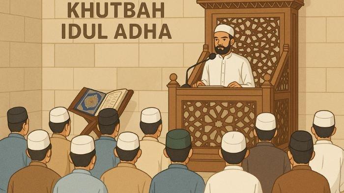 KHUTBAH IDUL ADHA- Ilustrasi ini dibuat menggunakan aplikasi kecerdasan buatan atau AI, Rabu (4/6/2025). Ilustrasi ini menunjukkan seorang penceramah saat menyampaikan khutbah di momen Idul Adha.