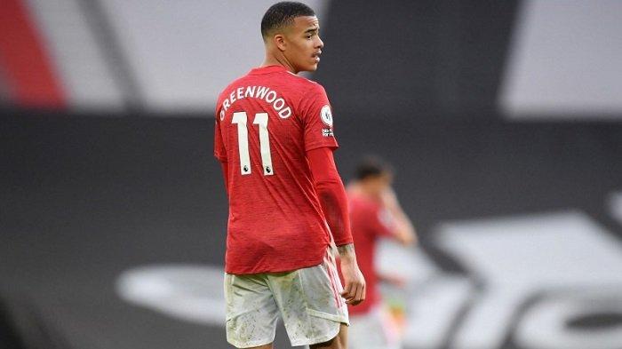 Striker Manchester United Inggris Mason Greenwood pada pertandingan sepak bola Liga Premier Inggris antara Manchester United dan Leicester City di Old Trafford di Manchester, barat laut Inggris, pada 11 Mei 2021.