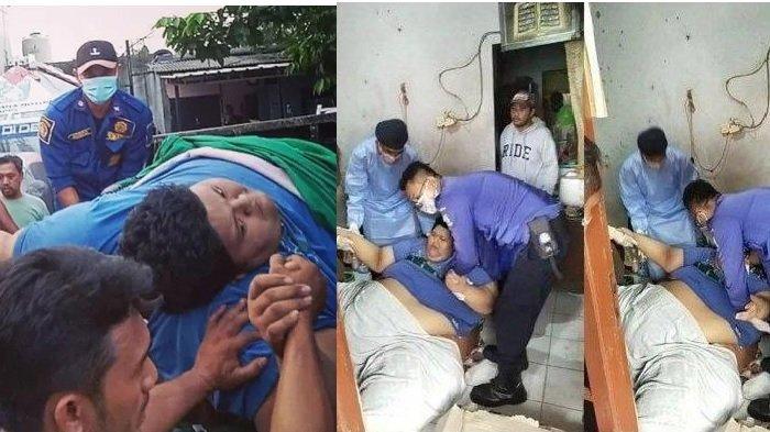 Muhammad Fajrin (27) dievakuasi petugas gabungan bersama karena kelebihan berat badan yakni mencapai 300 kilogram.