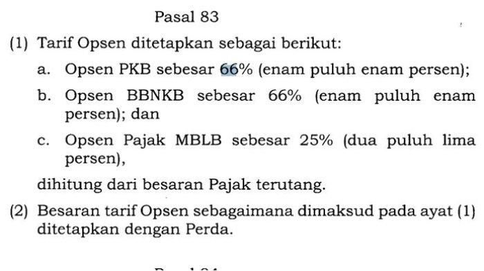 Aturan opsen pajak kendaraan bermotor berdasarkan UU Nomor 1 Tahun 2022 tentang Hubungan Keuangan Antara Pemerintah Pusat dan Pemerintah Daerah.
