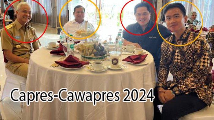 PERTEMUAN PASANGAN CAPRES 2024: Ketua Umum Partai Gerindra Prabowo Subianto, Gubernur Jawa Tengah Ganjar Pranowo, Menteri BUMN Erick Thohir, dan Wali Kota Solo Gibran Rakabuming sarapan pagi bersama di Bandara Adi Soemarno, Senin (24/7/2023). (Ig Erick Thohir@erickthohir)