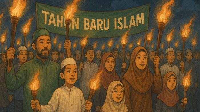 PAWAI OBOR- Ilustrasi pawai obor dalam menyambut datangnya Tahun Baru Islam. Ilustrasi ini dibuat menggunakan aplikasi kecerdasan buatan atau AI, Jumat (27/6/2025).