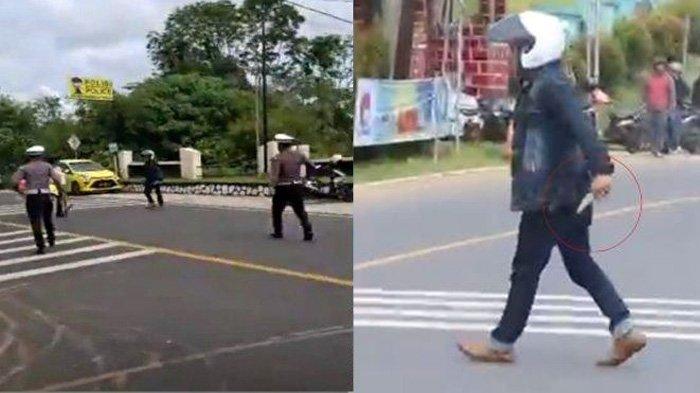 KEJAR POLISI: Aksi pria serang polisi pakai sajam saat razia. Kemudian pengendara pria dengan motor honda beat tanpa plat nomor kendaraan itu berhasil ditangkap setelah dikejar hampir 20 menit yang tak terima diberhentikan ketika Operasi Patuh Nala 2025 di depan Mapolres Bengkulu Tengah, Senin (14/7/2025) sekira pukul 10.00 WIB.  (TribunBengkulu.com/Suryadi Jaya)