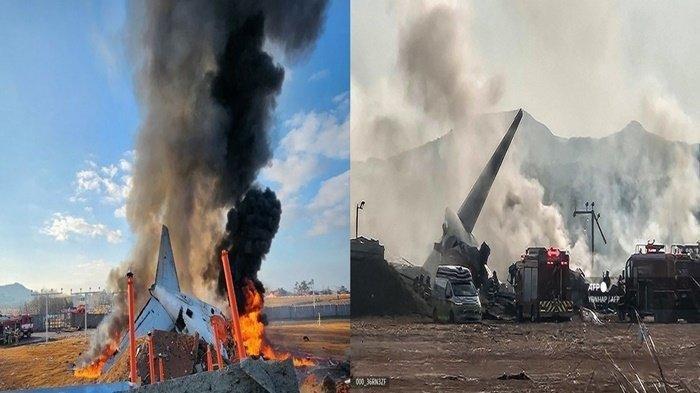 Pesawat Jeju Air jatuh di Bandara Internasional Muan, Provinsi Jeolla Selatan, Korea Selatan, Minggu (29/12/2024). Api dan asap tampak membubung dari bangkai pesawat Boeing 737-800 ini. Sebanyak 47 korban tewas, dari total 181 orang di pesawat