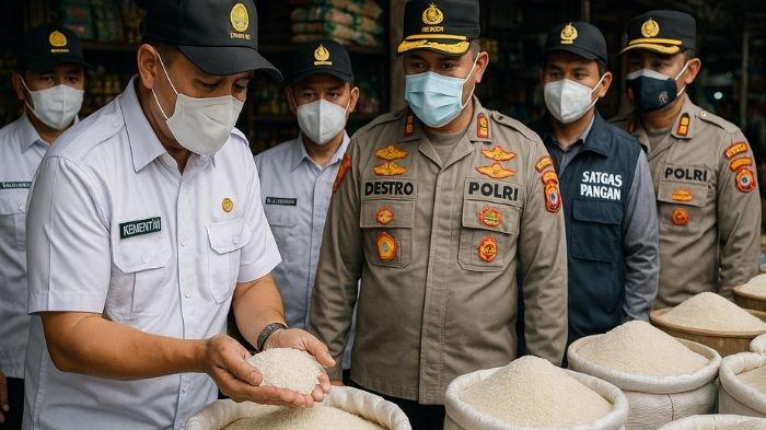BERAS OPLOSAN- Ilustrasi sejumlah petugas melakukan pemeriksaan untuk melihat apakah ada beras oplosan yang beredar di pasaran atau tidak. Ilustrasi ini dibuat menggunakan aplikasi kecerdasan buatan atau AI, Selasa (15/7/2025).