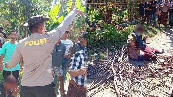 Kolase foto polisi mengamankan lokasi Bacaleg PDIP inisial SS yang dihakimi massa di Kecamatan Sekotong, Lombok Barat, Minggu (16/7/2023) dan kondisi SS terduduk di tengah jalan desa.