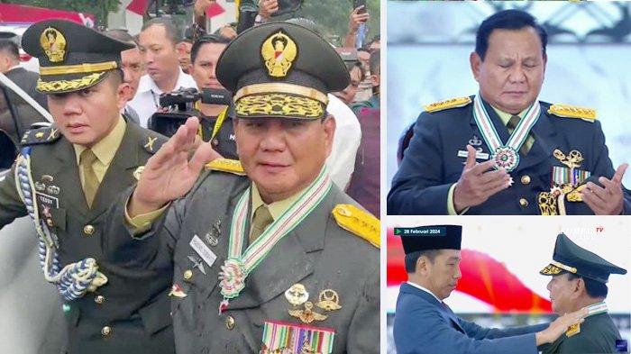 Prabowo Subianto akhirnya kembali mendapatkan kehormatannya setelah lama menanti. Ia mendapatkan kenaikan pangkat dari Letnan Jenderal TNI menjadi Jenderal Kehormatan TNI.  Pemberian penghargaan Jenderal TNI (HOR) itu digelar saat Rapim TNI-Polri 2024 di Mabes TNI, Cilangkap, Jakarta Timur pada Rabu (28/2/2024). (Kompas TV)