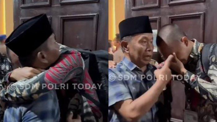 Ragil (kanan) pria asal Jawa Timur tengah peluk ayah (kiri) usai lolos Akpol.