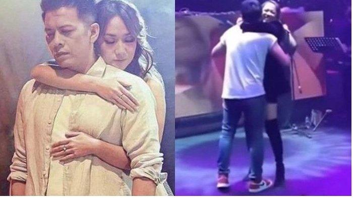 Kolase foto Bunga Citra Lestari atau BCL memeluk Ariel NOAH dari belakang dan Ariel Noah memberikan kejutan dengan memeluk BCL di atas panggung konser.