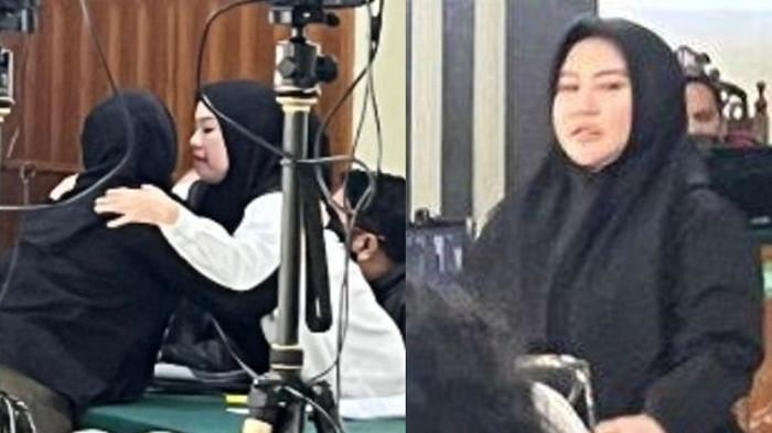 NADIA ROVIN PUTRI -- (kiri) Terdakwa Novin Karmila (baju putih) berpelukan dengan anaknya, Nadia Rovin Putri yang menjadi saksi sidang kasus korupsi sang ibu, di Pengadilan Negeri Pekanbaru, Riau, Selasa (15/7/2025) / (kanan) Nadia Rovin Putri anak terdakwa korupsi Novin Karmila saat hadir sebagai saksi di persidangan, Selasa (15/7/2025).