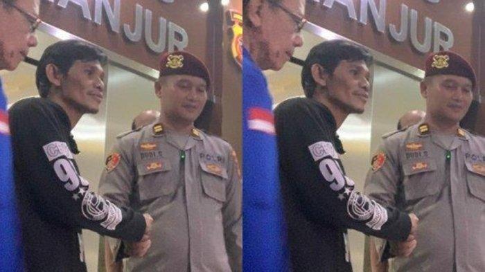 SALAMAN - Korban salah tangkap Ujang Suherli dilepas dari Polres Cianjur kerena tak bersalah. Ujang bersalaman dengan KBO Satreskrim Polres Cianjur Ipda Dudi Suharyana, Selasa (10/6/2025)